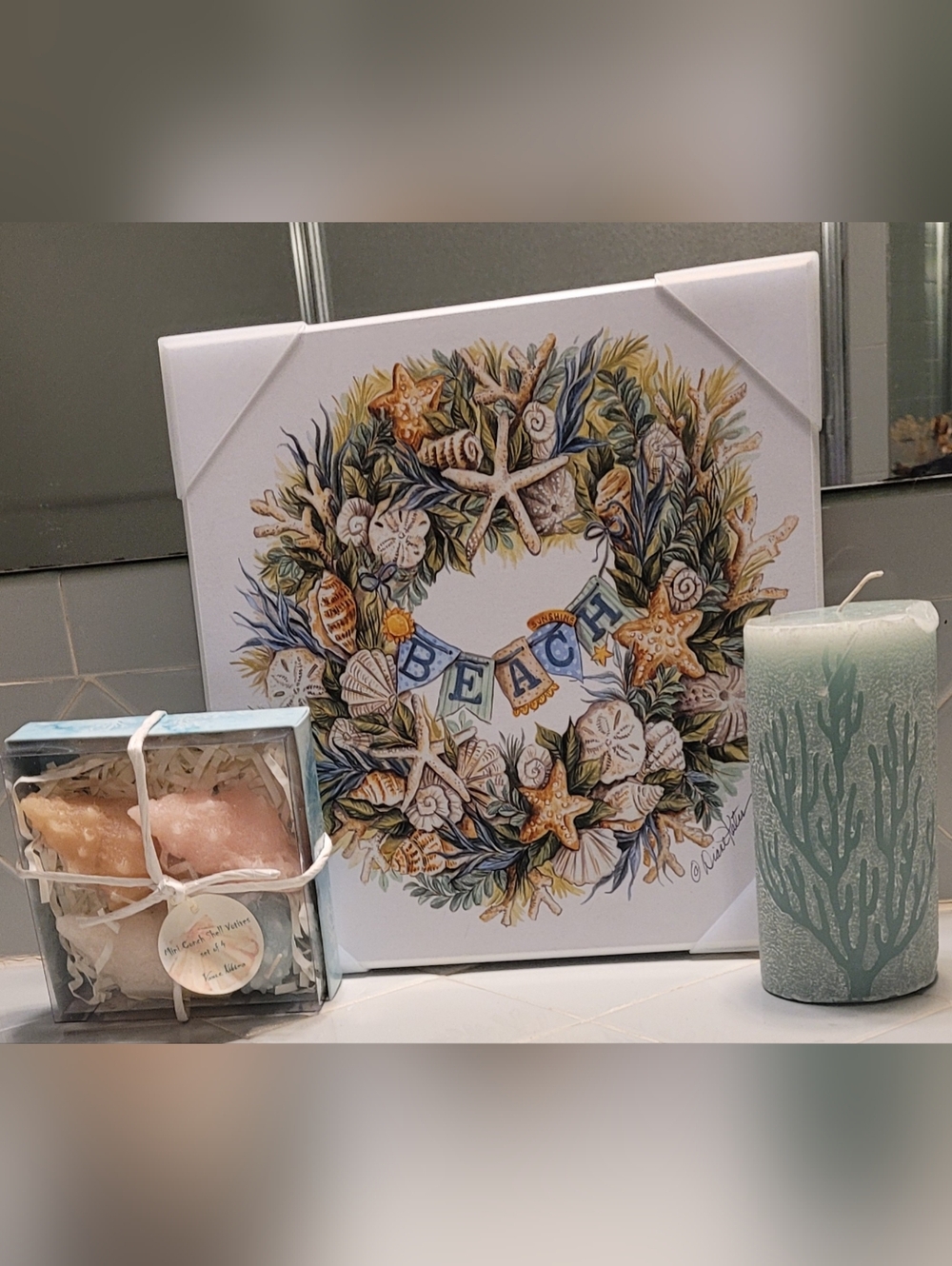 Coastal Beach Set, Wooden Wreath Wall Art - Sea Life Candles (5), Blues And Tans